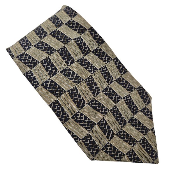 Henry Grethel Mens Tie Italian Silk Tie Geometric Beige Navy Pattern Vintage - Picture 1 of 8